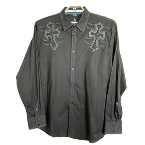 Roar Black Teal Stitches Embroidered Button Up Long Sleeve Shirt Size XXL